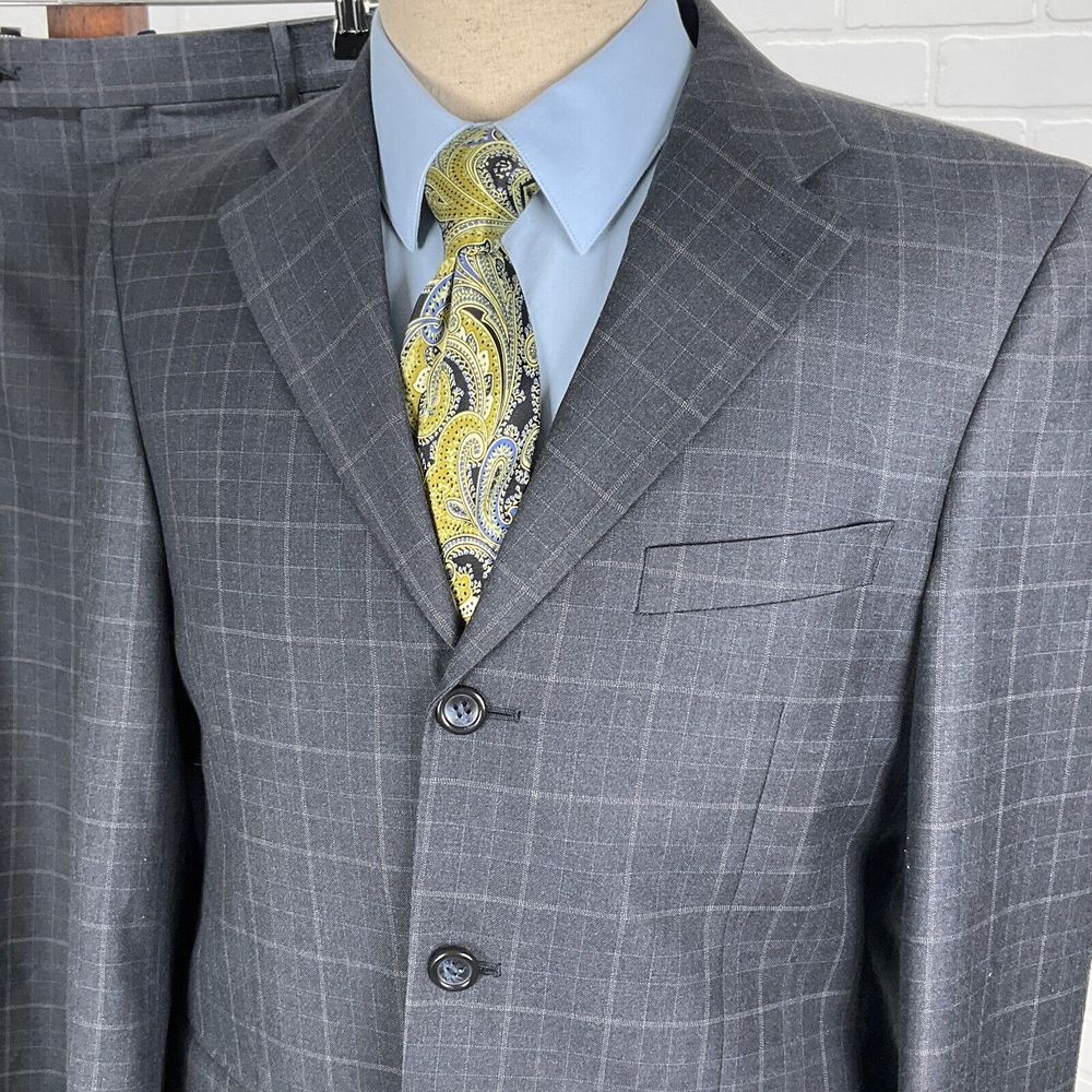 Caravelli Suit Men 40/32 Gray Blue Check Plaid Superior 150s Hightech Poly